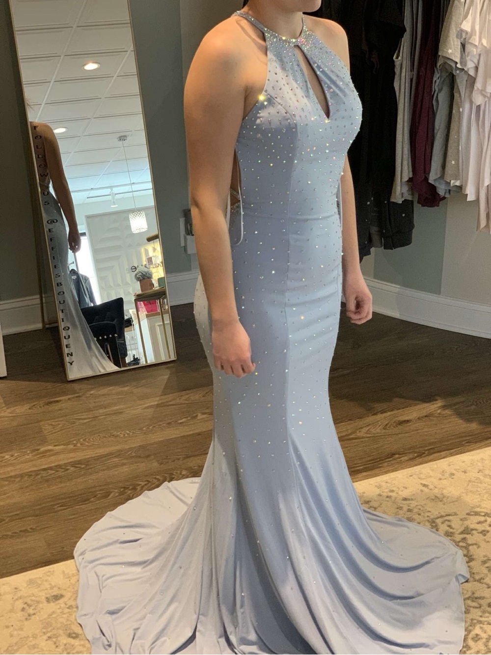 Jovani Light Blue Halter Mermaid Gown with Crystal Accents